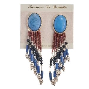 (NWT) Vintage Semi Precious and Seed Bead Dangly Clip Statement Earrings